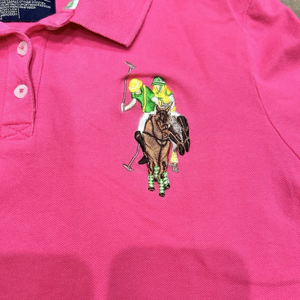 US Polo Assn Women's Polo Shirt XL Hot Pink Trim Stretch Pony Logo Y2K Preppy